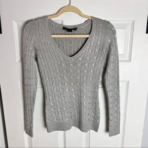 Ralph Lauren Metallic Silver V-Neck Cable Knit Sweater